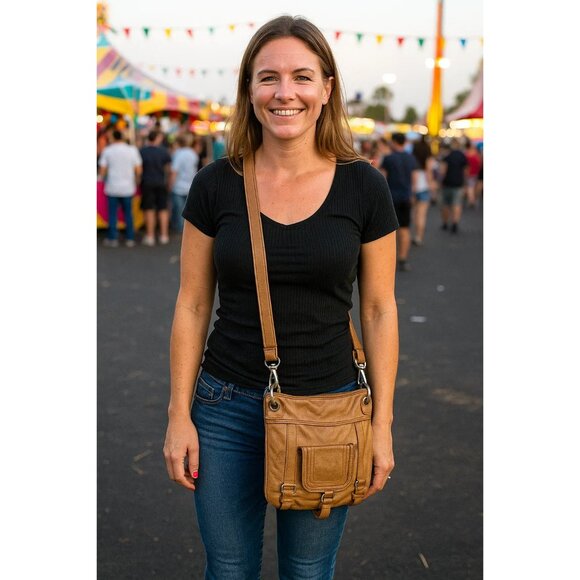 The Sak Tan Leather Crossbody Bag With Adjustable Strap & Front Pocket - Picture 1 of 8